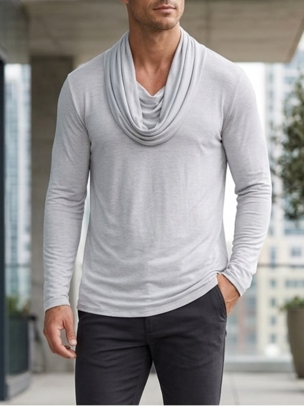 Y2K Sovage Light Gray Cowl Neck Long Sleeve Top Lightweight Sweatshirt Medium